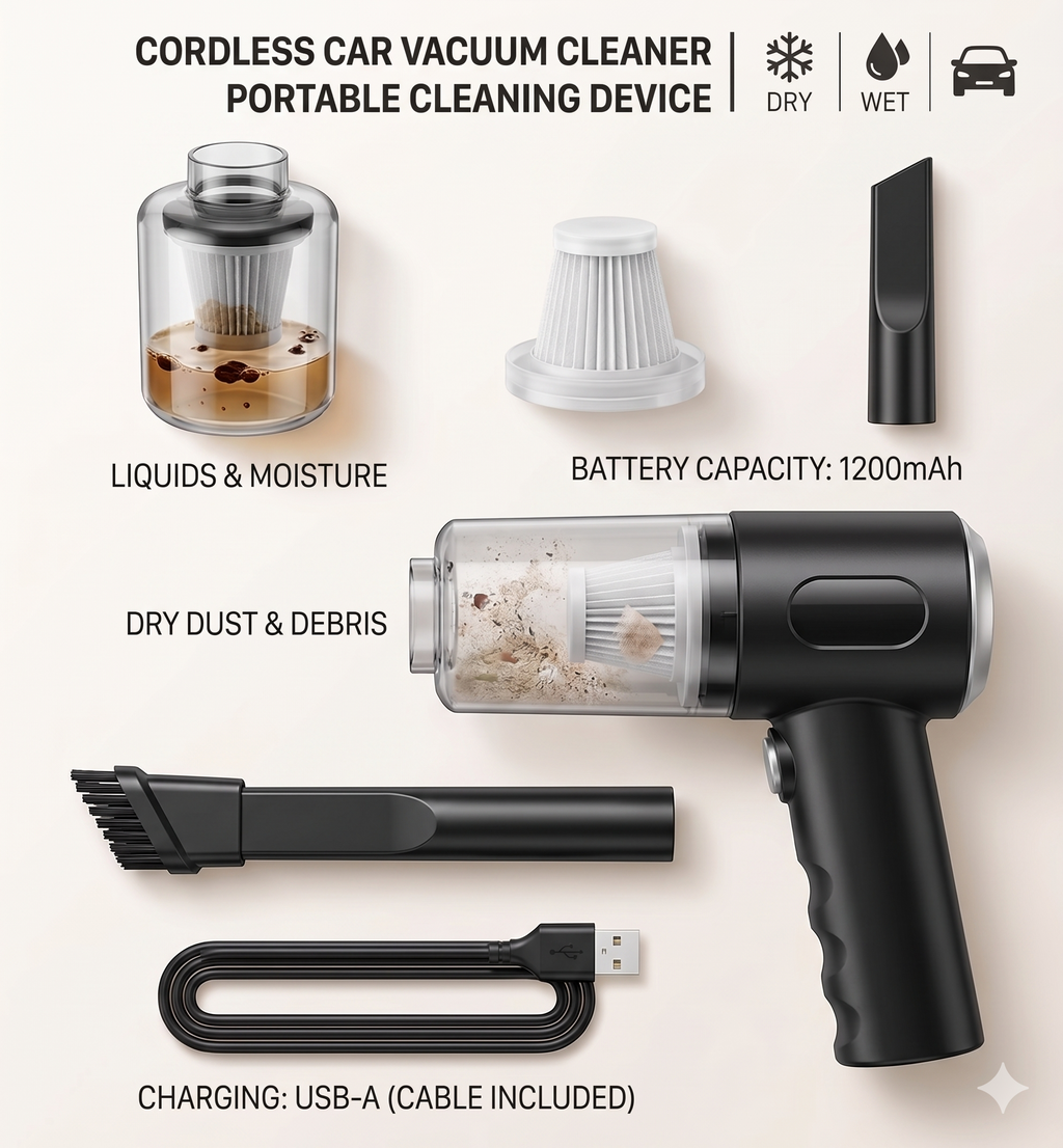 9000Pa Wireless Car Vacuum Cleaner USB Charging 1200mAh Portable Cleaning Appliance Mini Wet and Dry Vacuum Cleaner Household